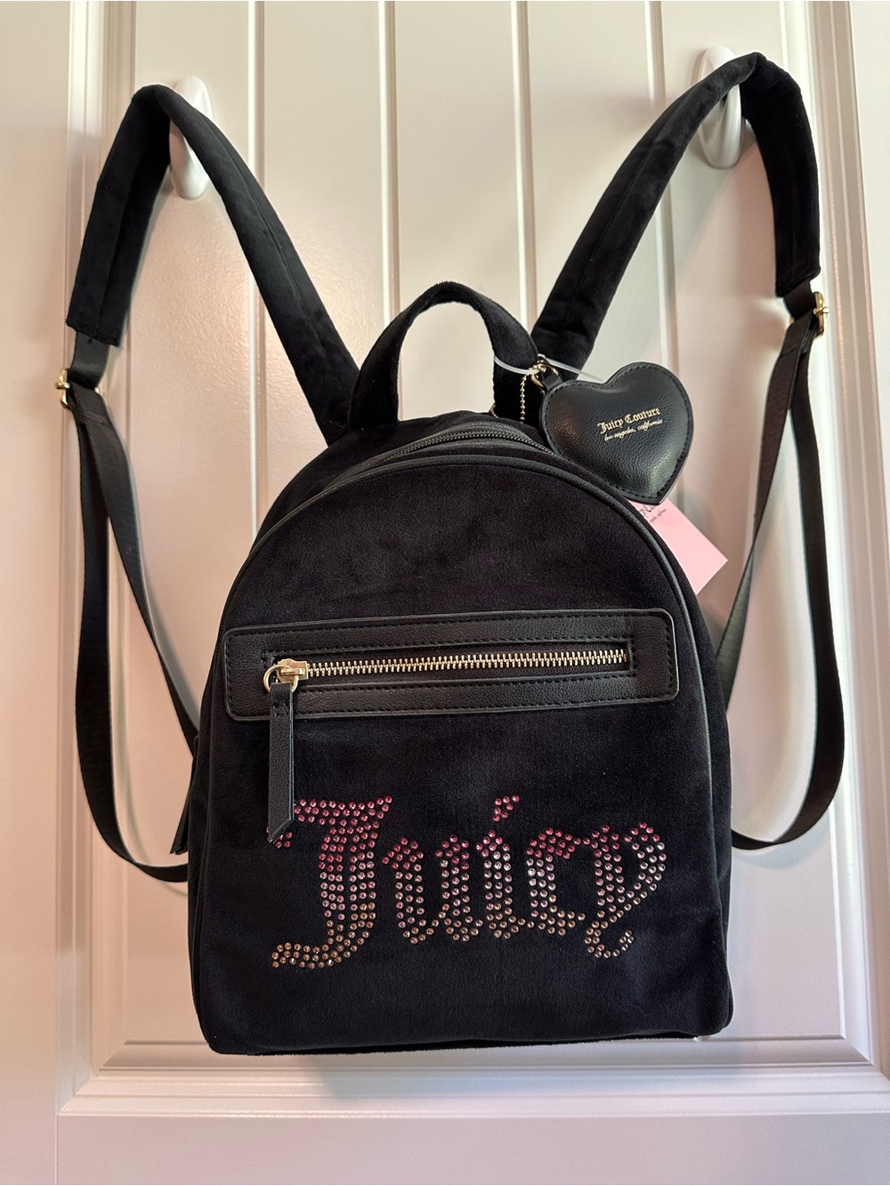 Juicy Couture Black Velvet Mini Backpack with Heart Charm Accent